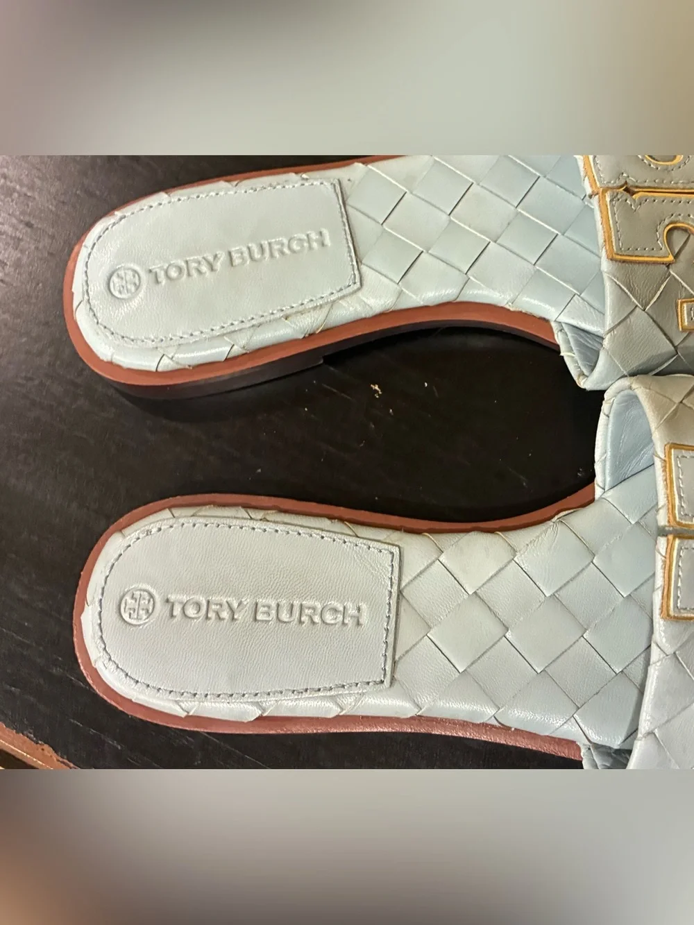 Tory Burch Sandals Slides double T Woven Leather Footbed Blue Gold Sz 6 NWOB
